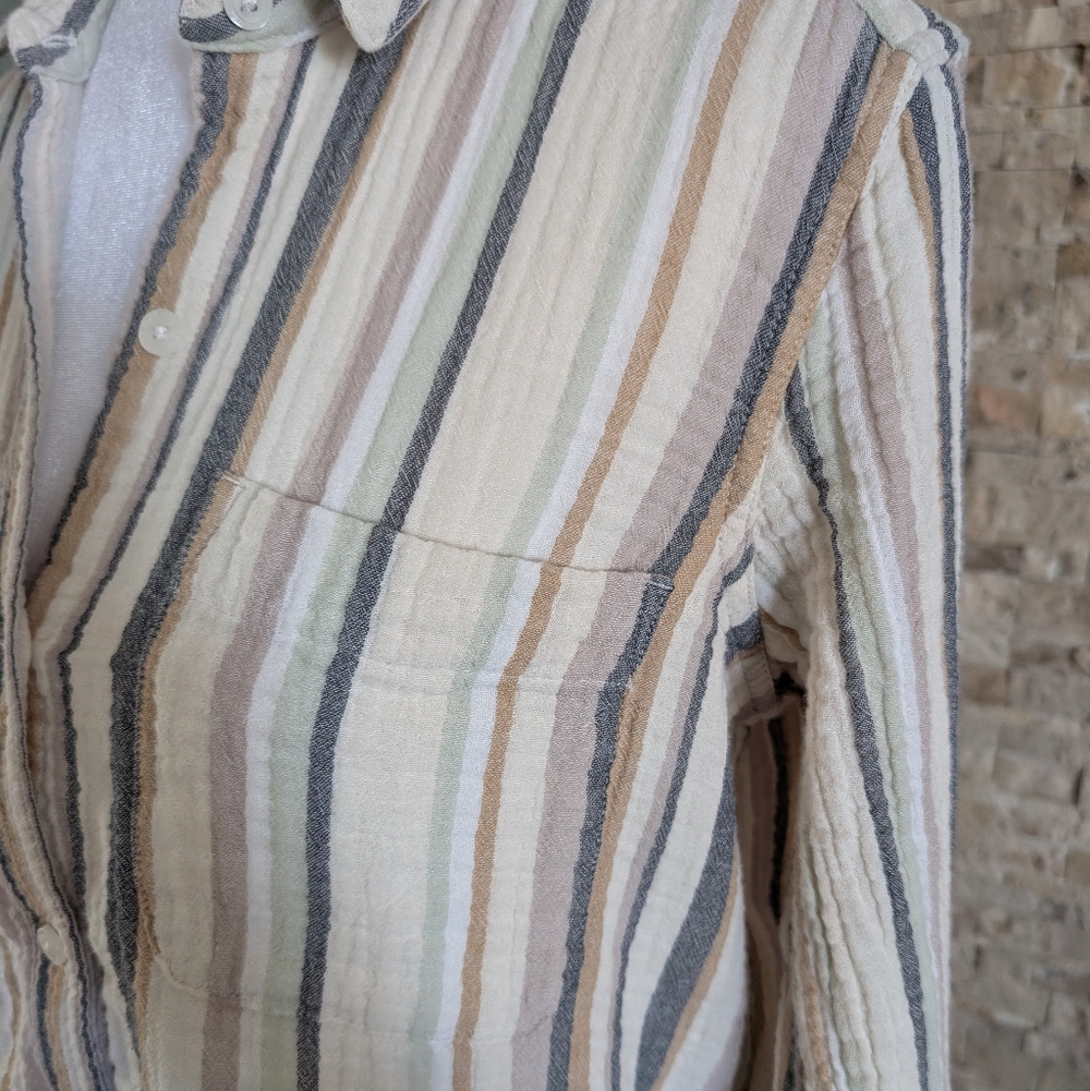 100% Cotton Button Down Shirt Parchment Stripe Minimalist Neutral Coastal Eco M image 9